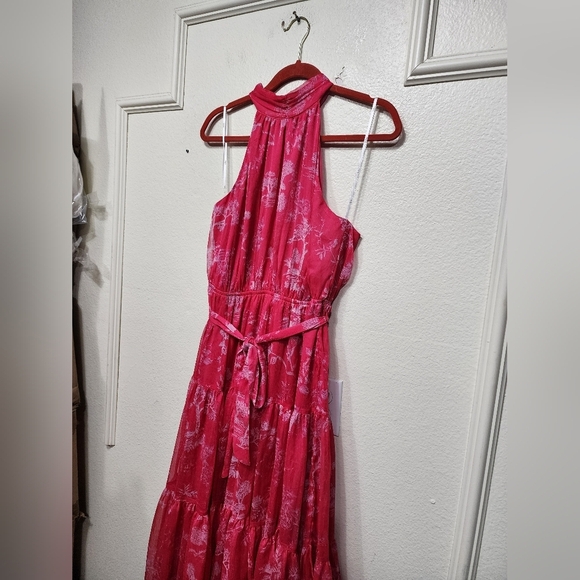 Lulus Float to You Hot Pink Floral Print Halter-Neck Tiered Midi Dress L Wedding - Picture 7 of 10